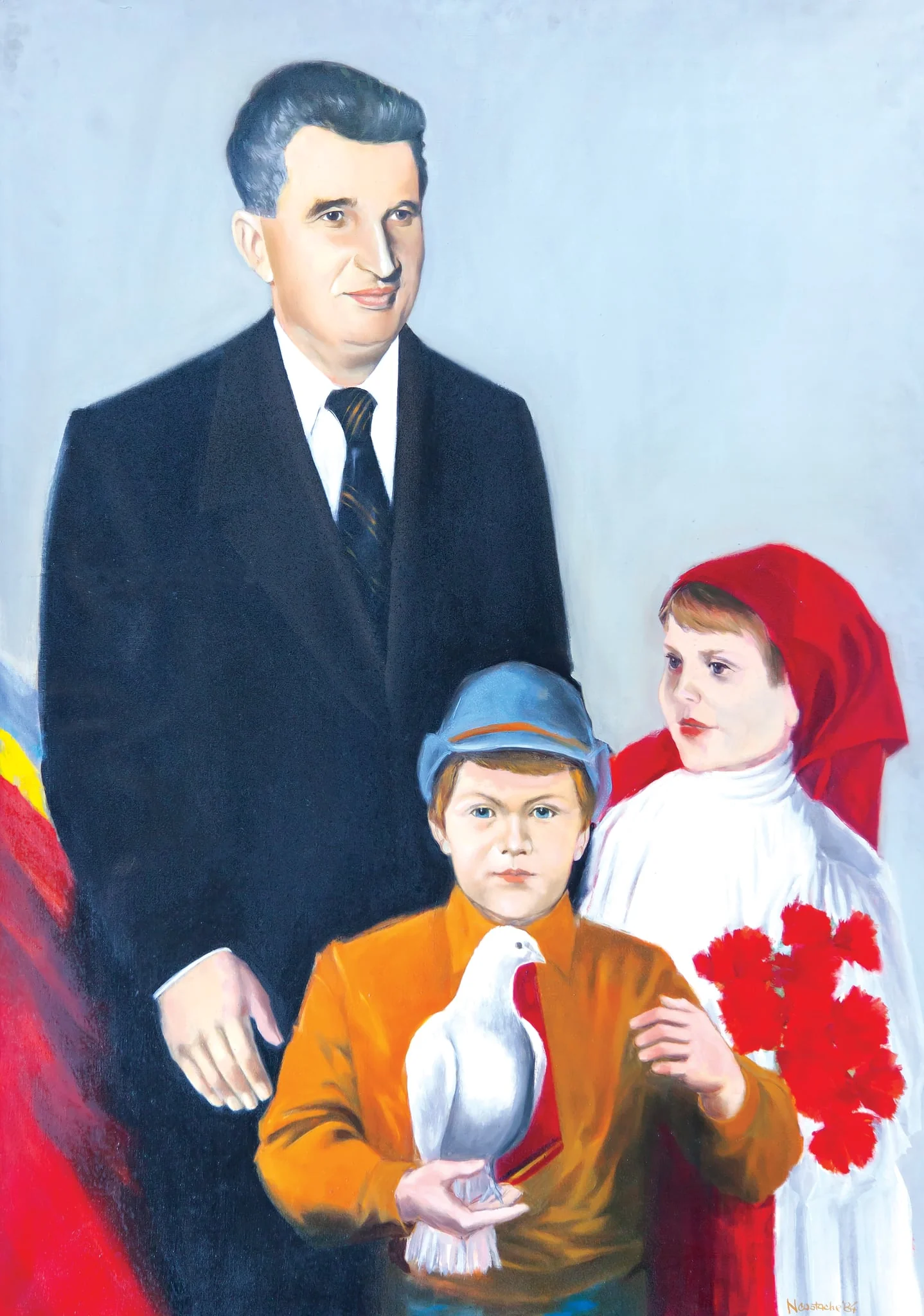 Tablou, ulei pe pânză, „Mesajul României”, semnat Nicolae Costachi în partea dreaptă jos și datat 1984. Nicolae Ceaușescu alături de doi copii, o fată îmbrăcată în costum popular ținând în mâini un buchet de garoafe roșii și un băiat în uniformă de șoim al patriei cu un porumbel alb în palma dreaptă. Comandat și oferit de Comitetul Județean de Partid Bistrița Năsăud (1985)., detail