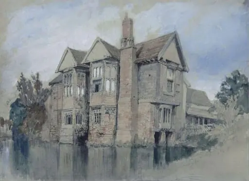 Old Parham Hall, Suffolk, the "Moat House" of the poet Crabbe, by Clarkson RA Stanfield, watercolor, 1850