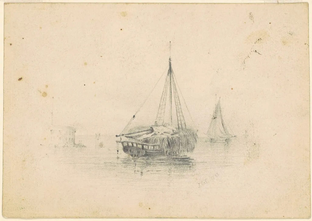 Boats at Anchor, by James Goodwyn Clonney, graphite, 1838