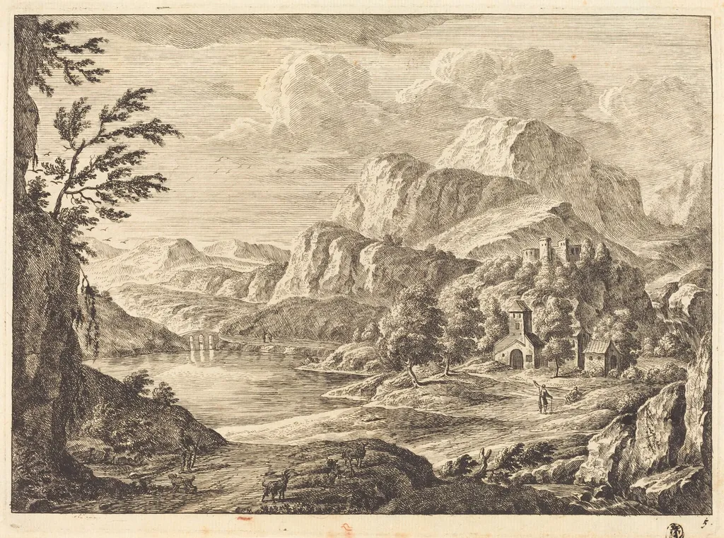 Mountainous Landscape with a Ruined Castle and an Arched Bridge in the Distance, by Georg Eisenmann, ink, 1772