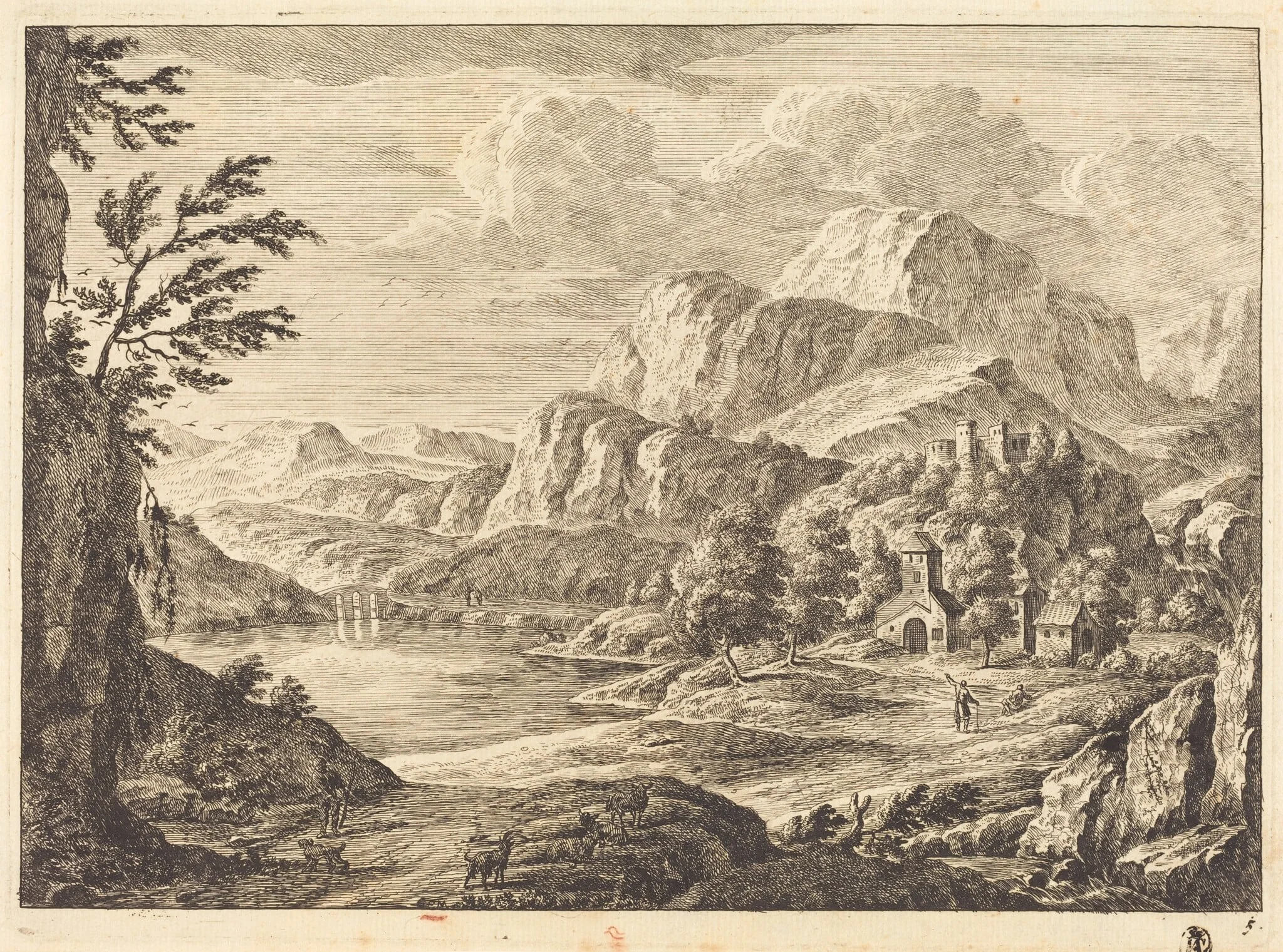 Mountainous Landscape with a Ruined Castle and an Arched Bridge in the Distance, detail