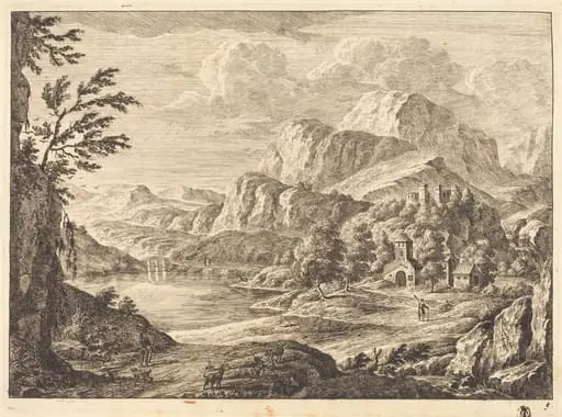 Mountainous Landscape with a Ruined Castle and an Arched Bridge in the Distance, by Georg Eisenmann, ink, 1772