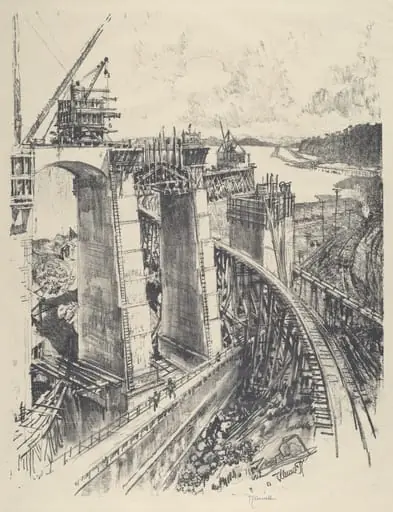 The Approach to Gatun Lock, by Joseph Pennell, ink, 1912