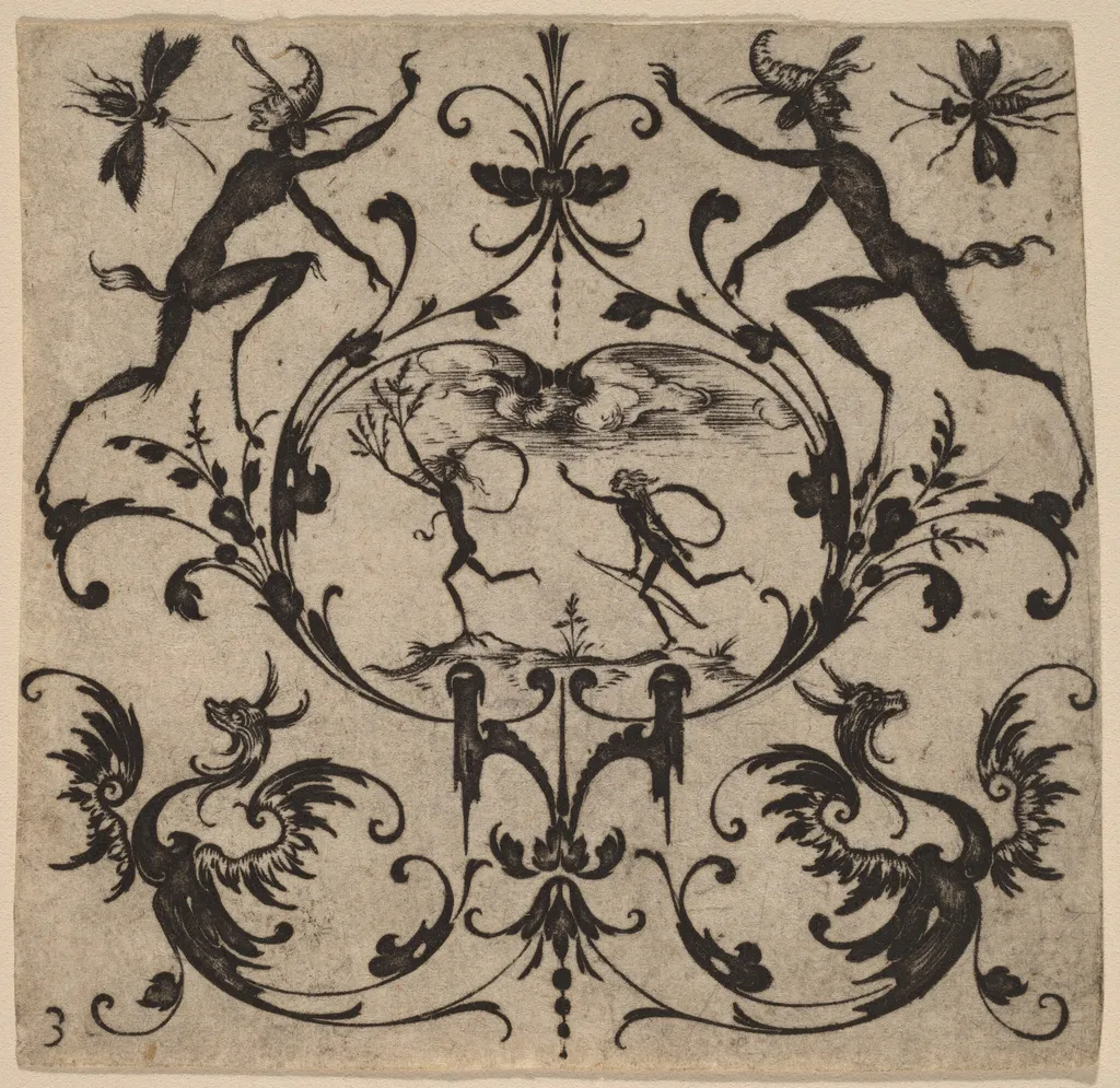 Ornament with Grotesque, by Master CR, ink, 1616