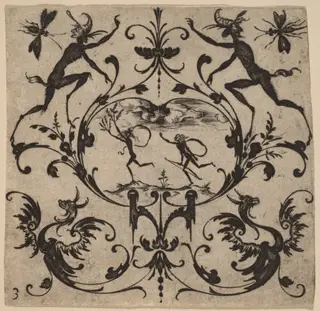 Ornament with Grotesque, by Master CR, ink, 1616