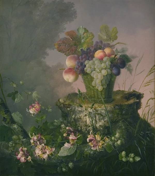 Blomsterkurv med frugt ved en træstub, detail