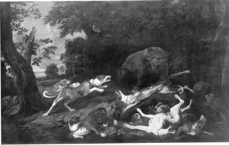 Dogs attacking a bear and her cubs, detail
