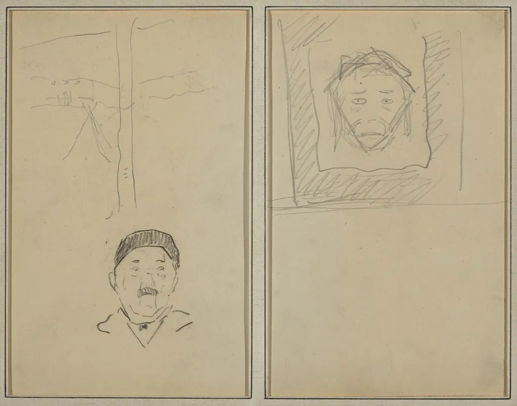 Landscape and Head of Man; Head of Monkey Inside a Square [recto], by Paul Gauguin, graphite, 1886