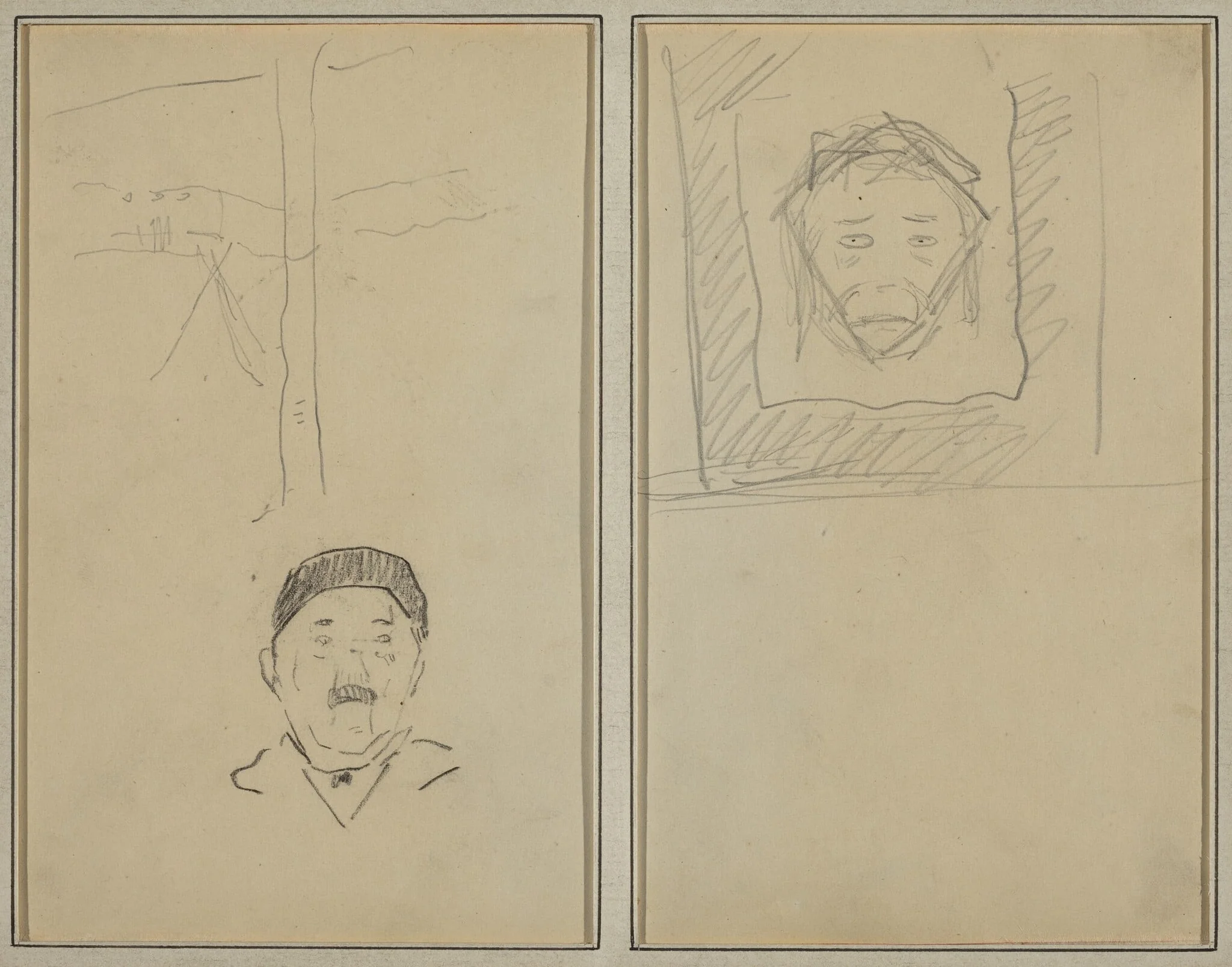 Landscape and Head of Man; Head of Monkey Inside a Square [recto], detail