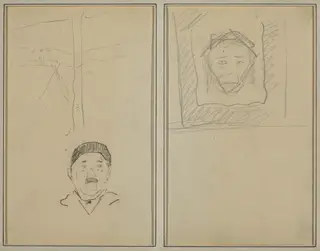 Landscape and Head of Man; Head of Monkey Inside a Square [recto], by Paul Gauguin, graphite, 1886