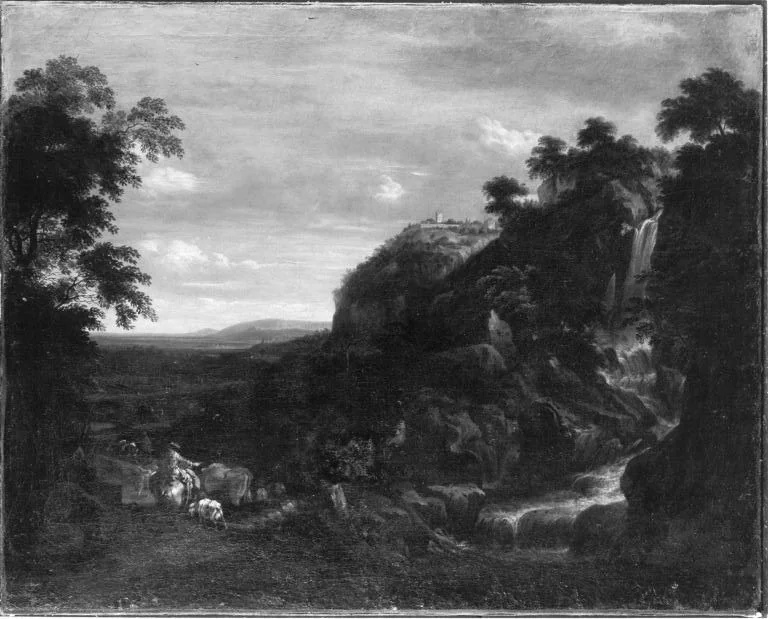 Landschaft mit Wasserfall, detail
