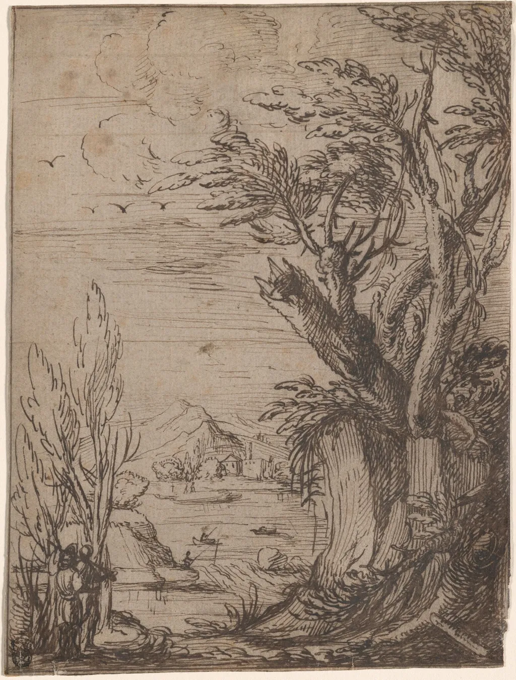 Landscape with Gnarled Trees and Fisherman, by Jacques de Gheyn III, ink, 1624