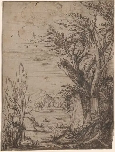 Landscape with Gnarled Trees and Fisherman, by Jacques de Gheyn III, ink, 1624