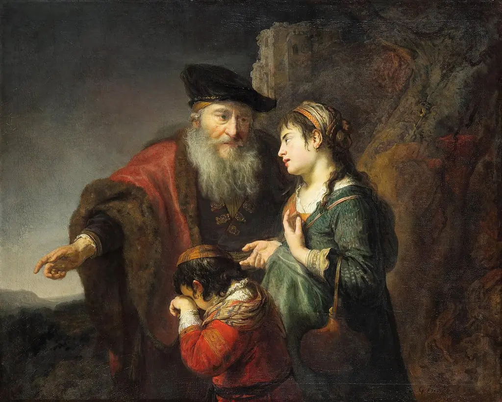 The banishment of Hagar and Ishmael (Genesis 21:14), by Govert Flinck, paint, 1642