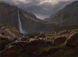 Feige Waterfall (Feigefossen), Lysterfjord, Norway, by Johan Christian Dahl, oil, 1848