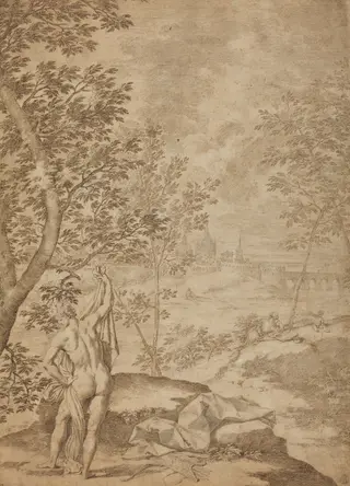 Apollo Standing in a River Landscape, by Donato Creti, ink, 1725
