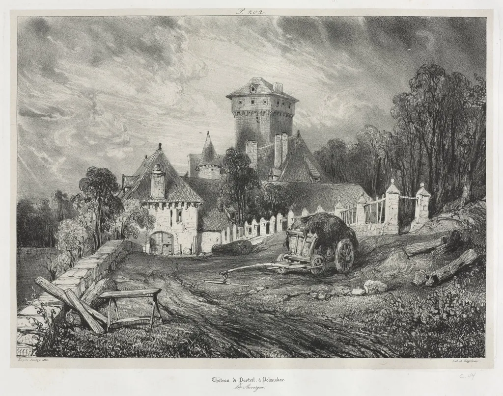 Picturesque and Romantic Journeys in Old France: Auvergne (vol. II): Pesteil Chateau at Polminhac, Plate 202, by Eugène Isabey, 1832