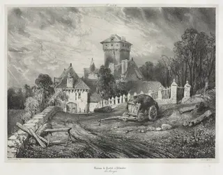 Picturesque and Romantic Journeys in Old France: Auvergne (vol. II): Pesteil Chateau at Polminhac, Plate 202, by Eugène Isabey, 1832