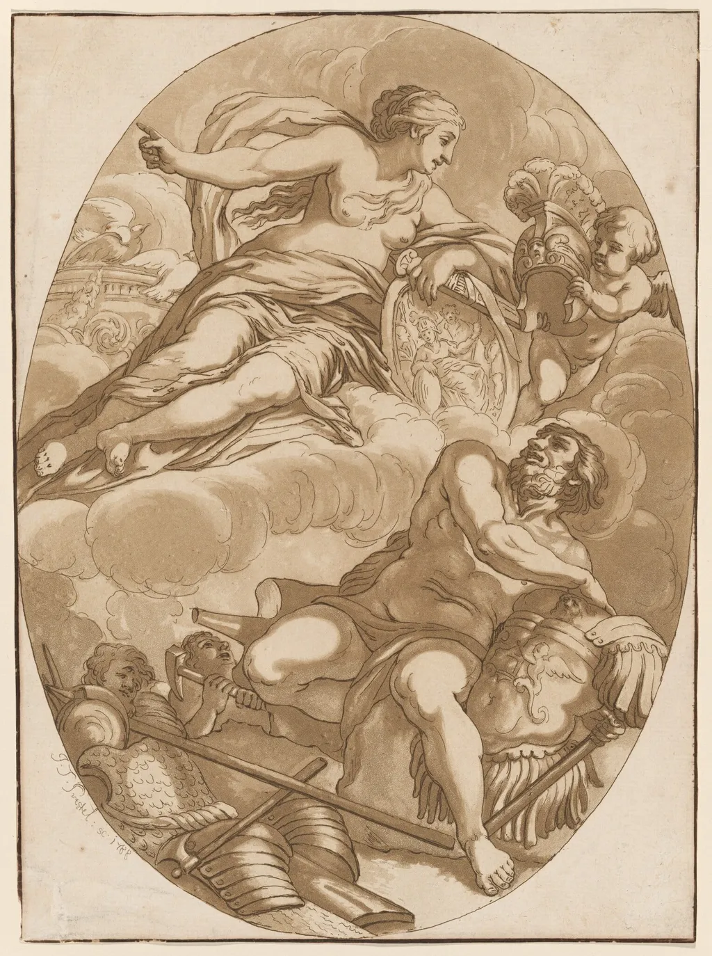 Venus Commanding Vulcan to Make Arms for Aeneas, by Johann Gottlieb Prestel, ink