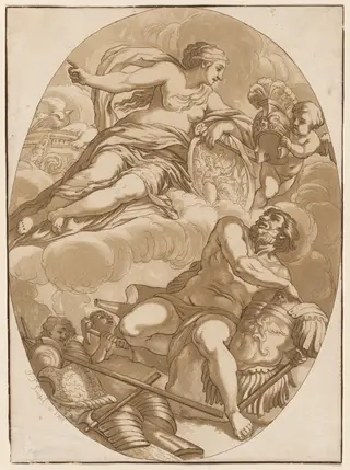 Venus Commanding Vulcan to Make Arms for Aeneas, by Johann Gottlieb Prestel, ink