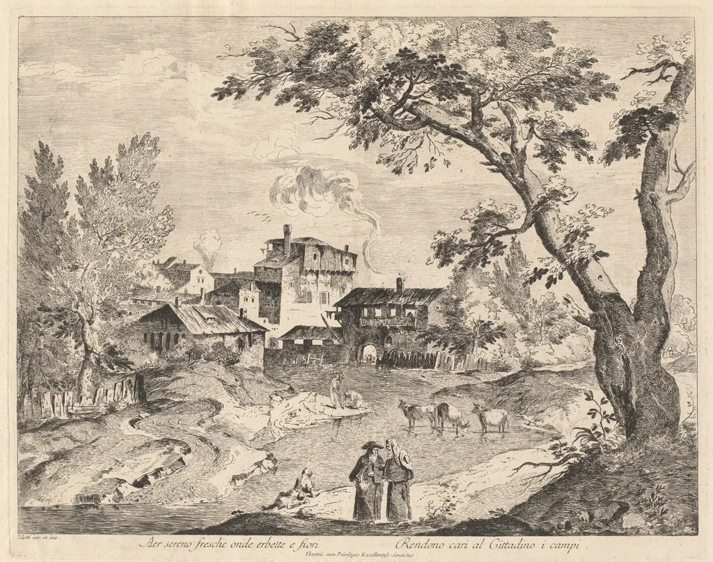 Rustic Village along a River with Travelers, by Domenico Bernardo Zilotti, ink, 1764
