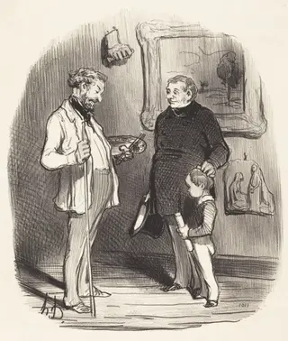 V'la mon petit... s'il n'a pas assez de moyens..., by Honoré Daumier, ink, 1850