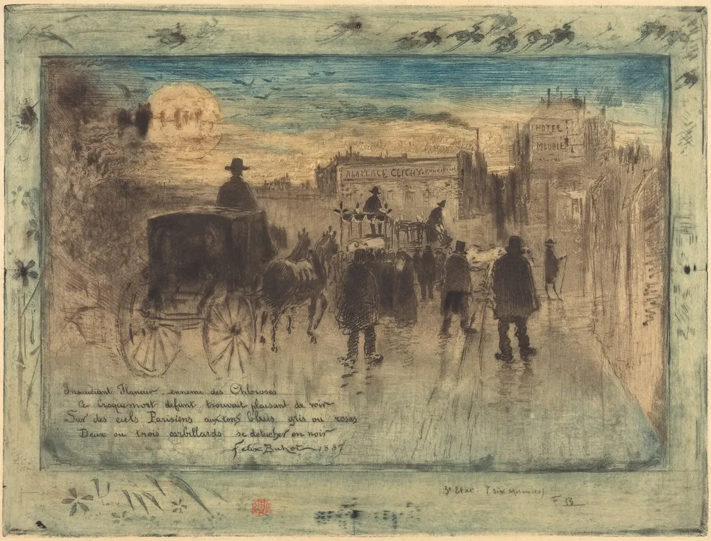 Convoi Funèbre au Boulevard de Clichy (Funeral Procession on the Boulevard de Clichy), by Félix-Hilaire Buhot, ink, 1887