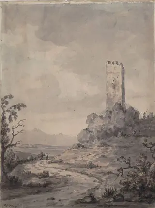 Landscape with tower, by William Marlow, watercolor, 1750