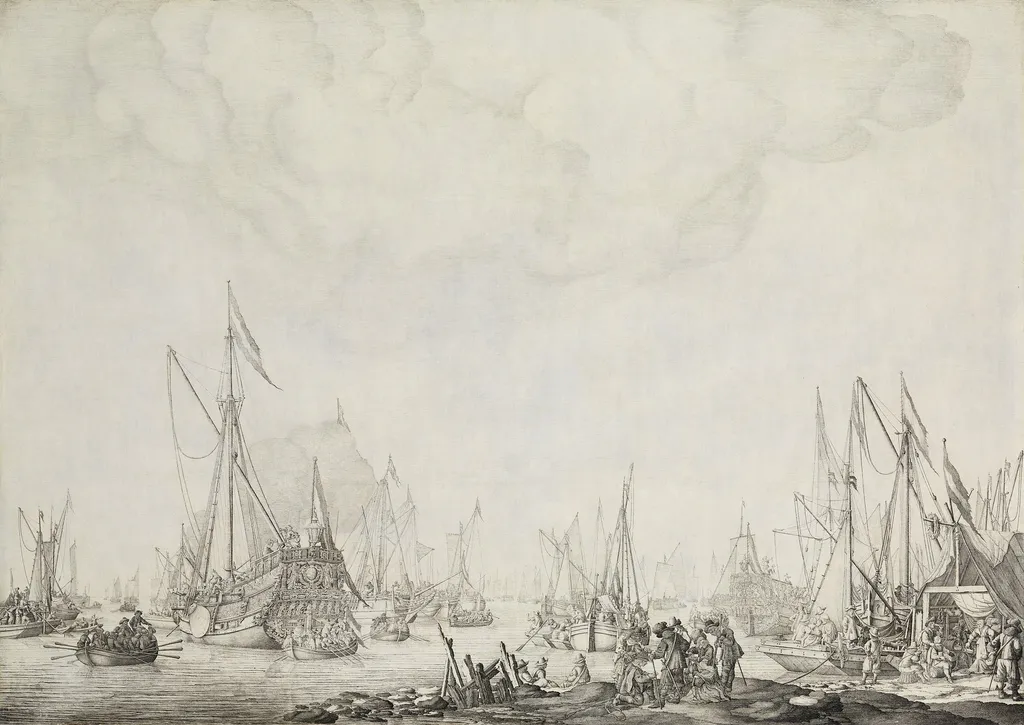 The prince's yacht and the state yacht, presumably awaiting the arrival of Charles II of England near Moersdijk, 1660, by Willem van de Velde the elder, ink, 1688