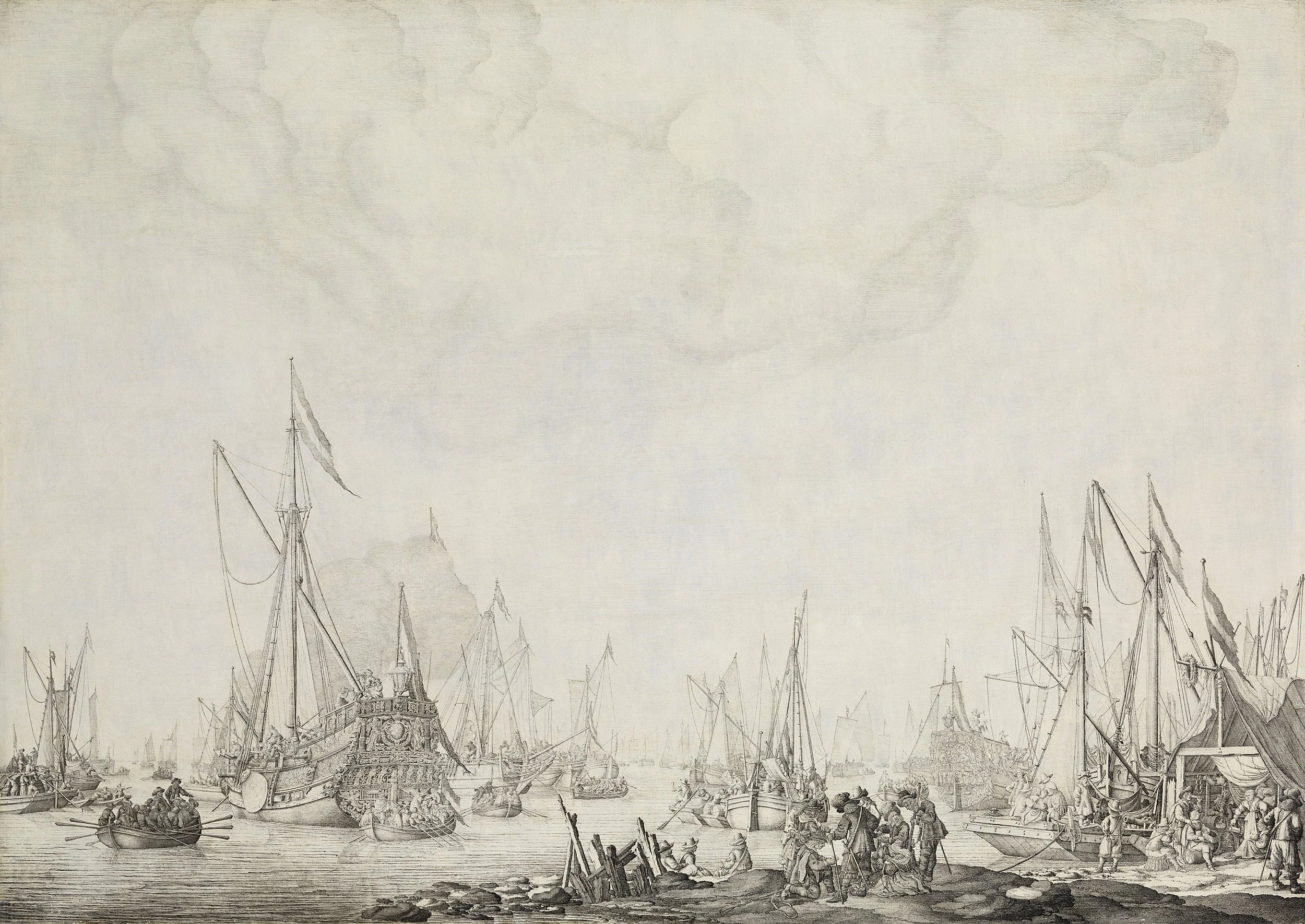 The prince's yacht and the state yacht, presumably awaiting the arrival of Charles II of England near Moersdijk, 1660, detail