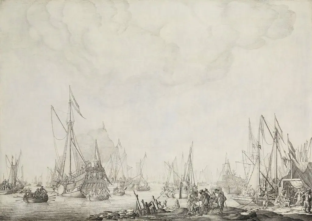 The prince's yacht and the state yacht, presumably awaiting the arrival of Charles II of England near Moersdijk, 1660, by Willem van de Velde the elder, ink, 1688