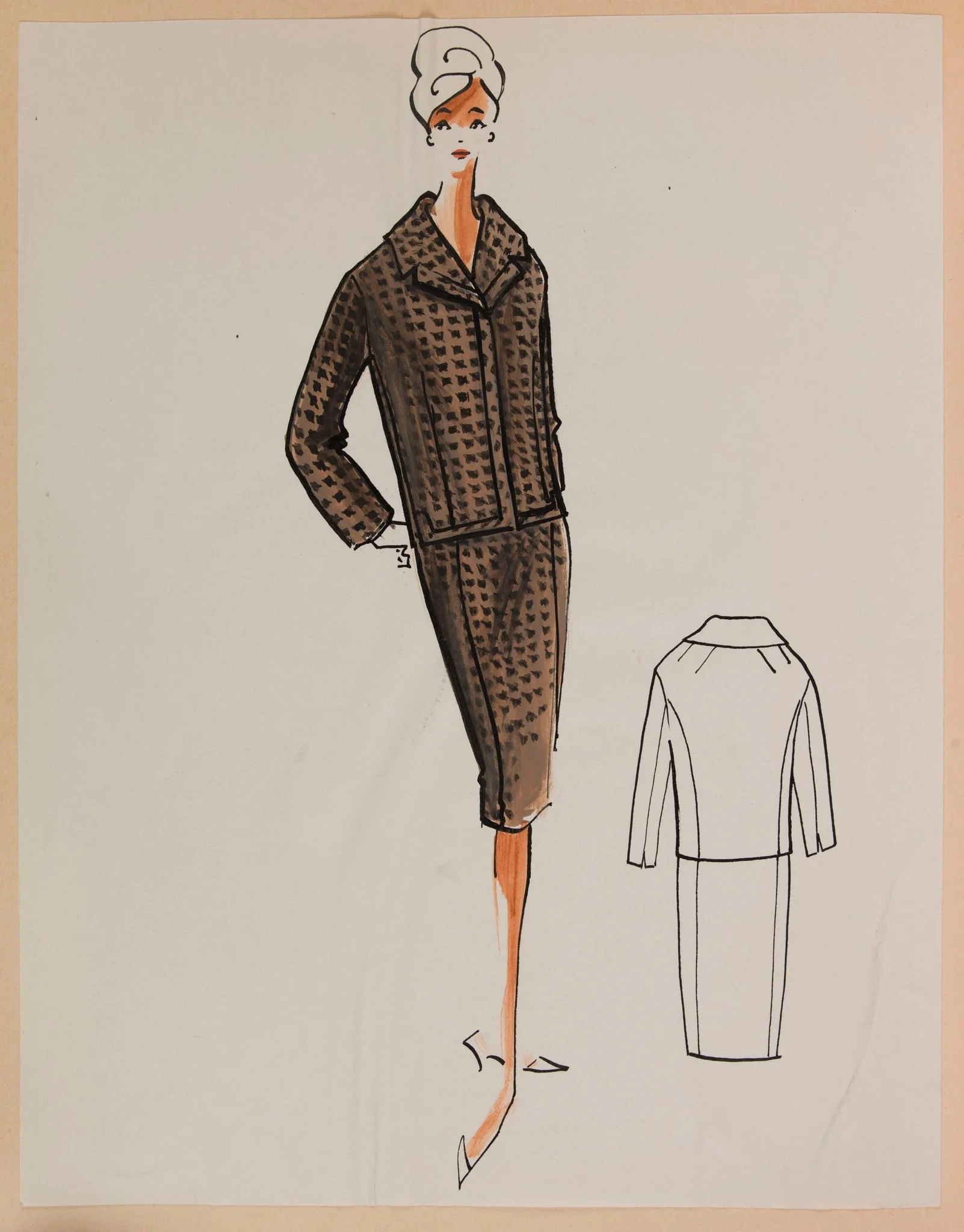 Tailleur marron à carrés noirs, detail