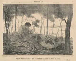 Ayant eu la facheuse idée d'aller ... au bord de l'eau, by Honoré Daumier, ink, 1856