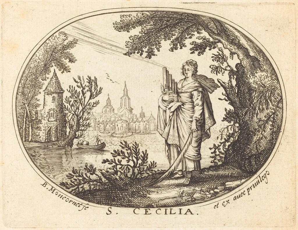 Saint Cecilia in a Landscape, by Balthasar Moncornet, ink, 1634
