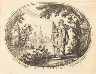 Saint Cecilia in a Landscape, by Balthasar Moncornet, ink, 1634