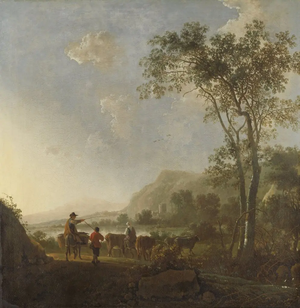 Landscape with herdsman and cattle, by Aelbert Cuyp, oil, 1650