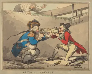 Slugs in a Sawpit, by Thomas Rowlandson, ink, 1791