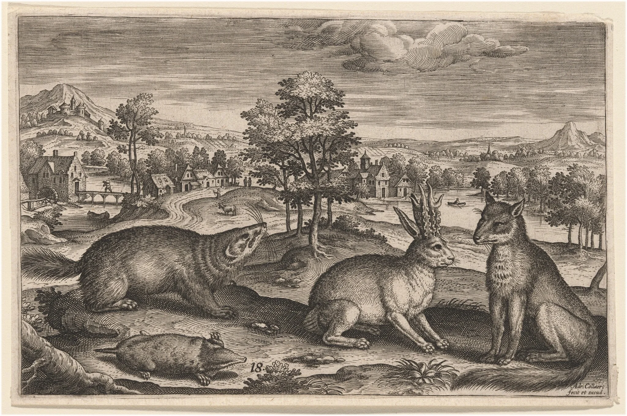 A Mole, a Badger, a Horned Hare and a Fox, detail
