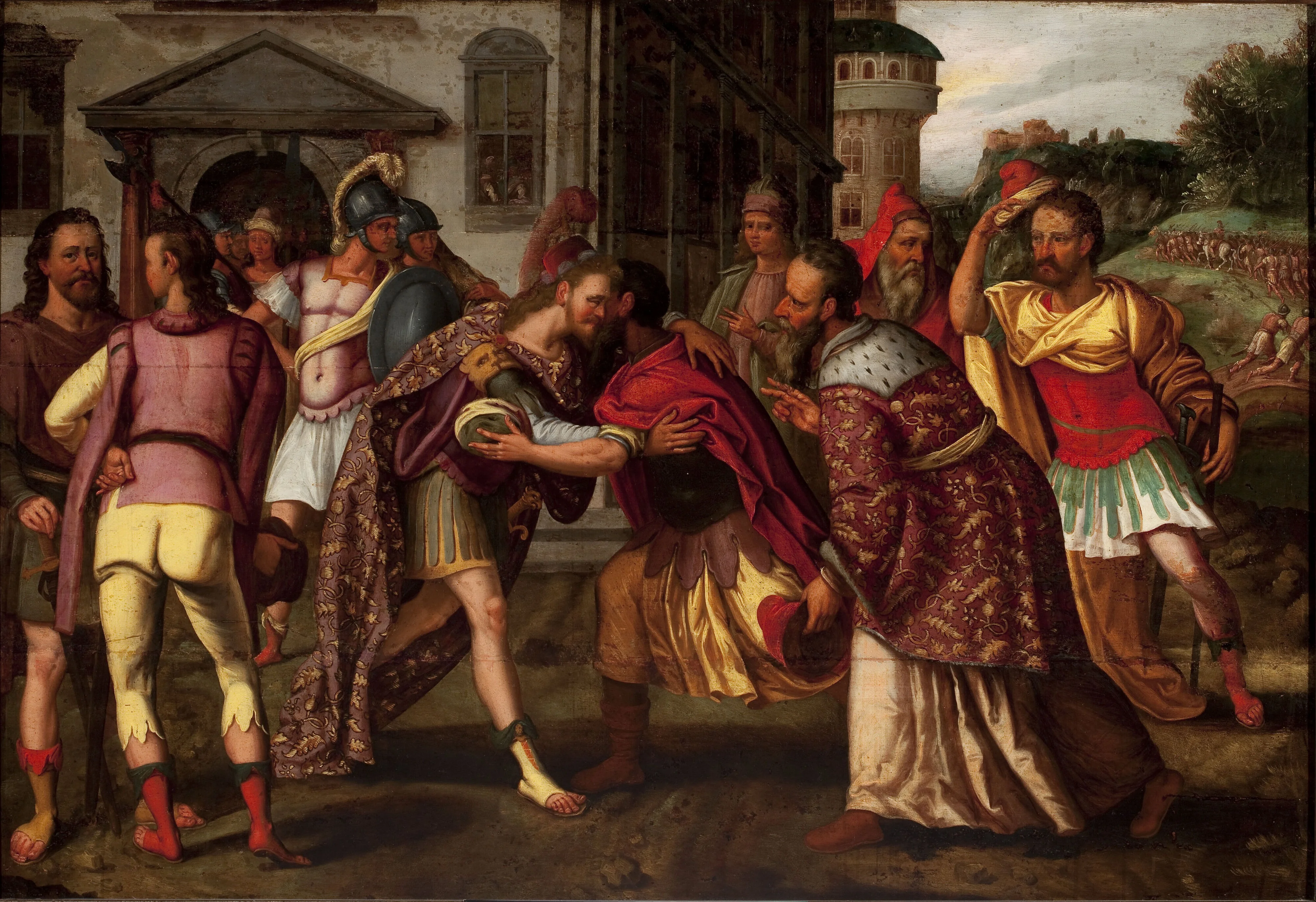 Absalom propitiating friends (2 Samuel 15:2-5), detail