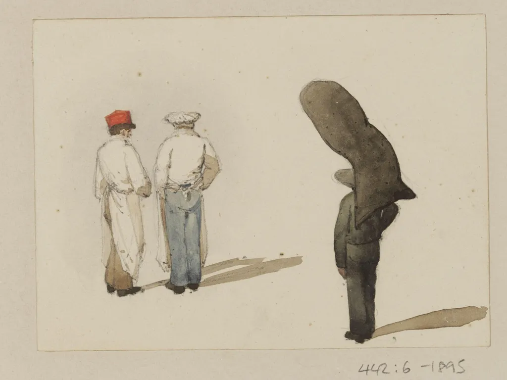 Three men standing, one with a load, by Ambrose Poynter, watercolor, 1835