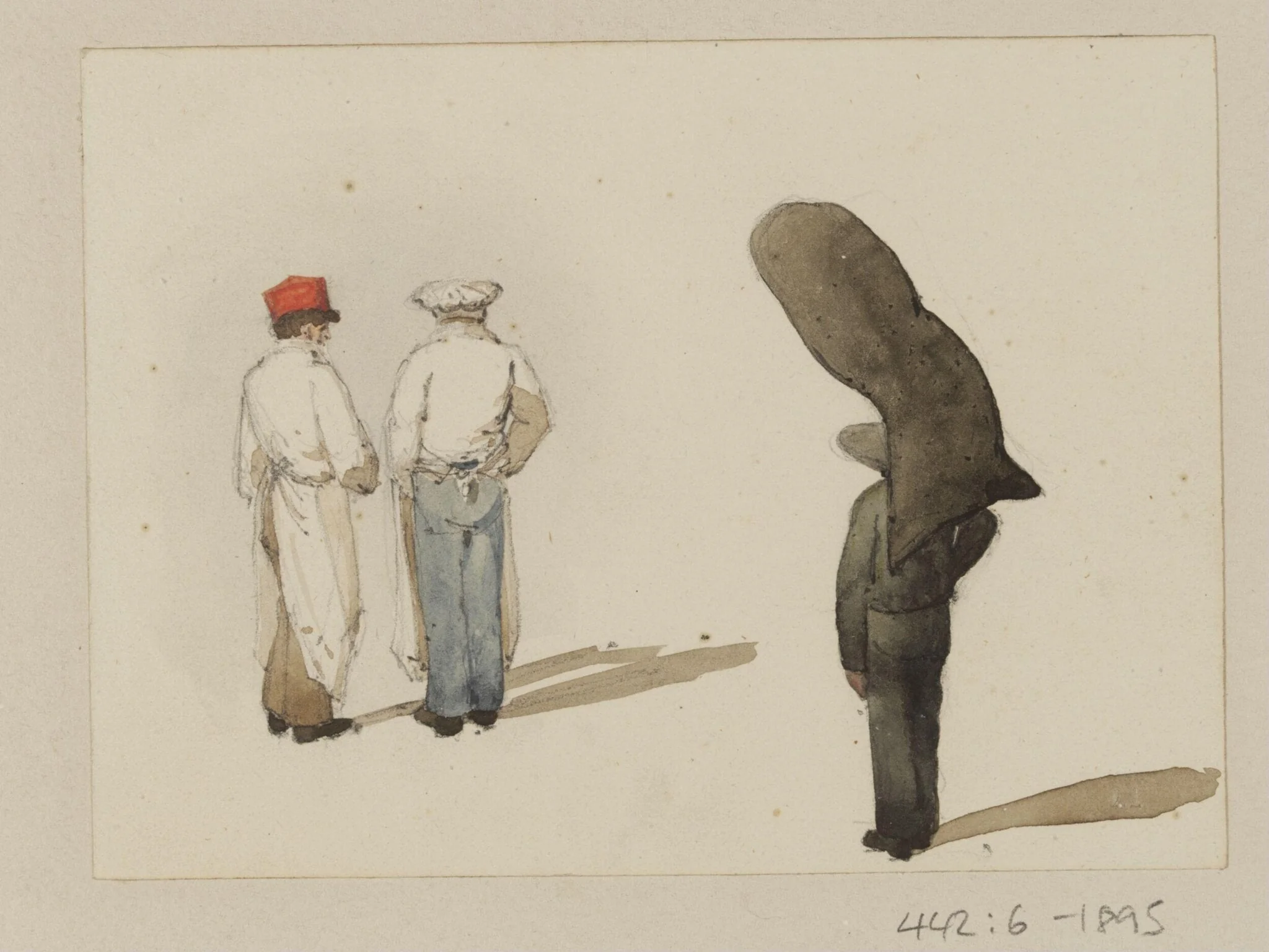 Three men standing, one with a load, detail