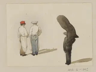 Three men standing, one with a load, by Ambrose Poynter, watercolor, 1835