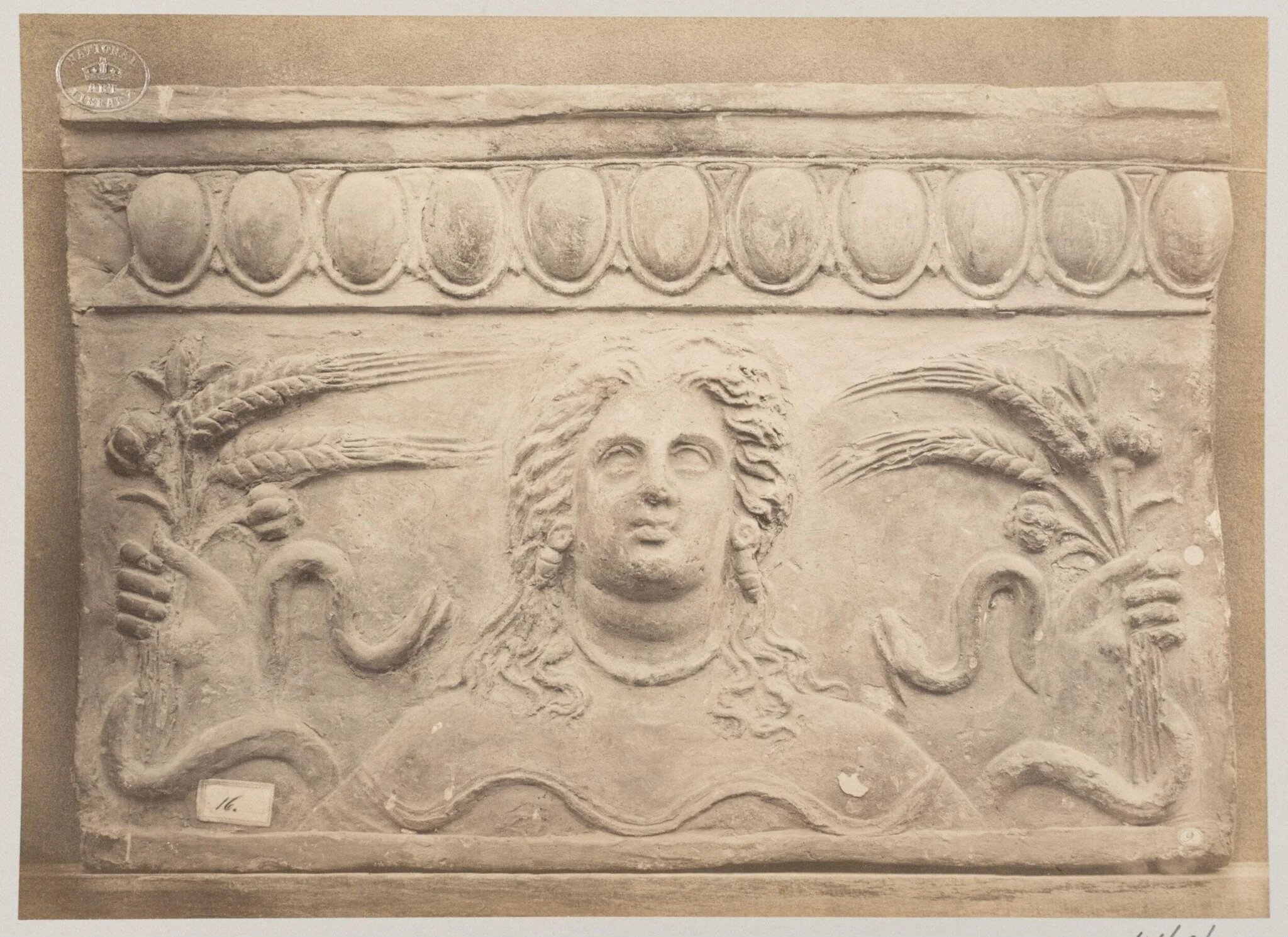 Bas-relief portion of frieze, Bust of Ceres and ears of corn, terra cotta, detail