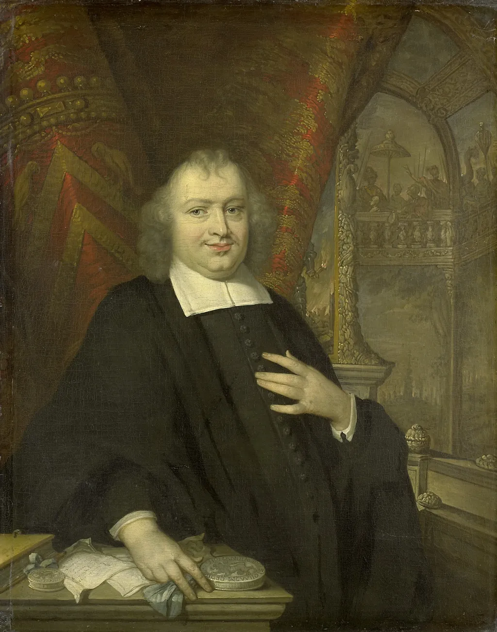 Portrait of Caspar Fagel (1634-88), Grand pensionary of Holland from 1672 on, with the assembly hall of the states of Holland on the Binnenhof, The Hague, in the background, by Johannes Vollevens, oil, 1694