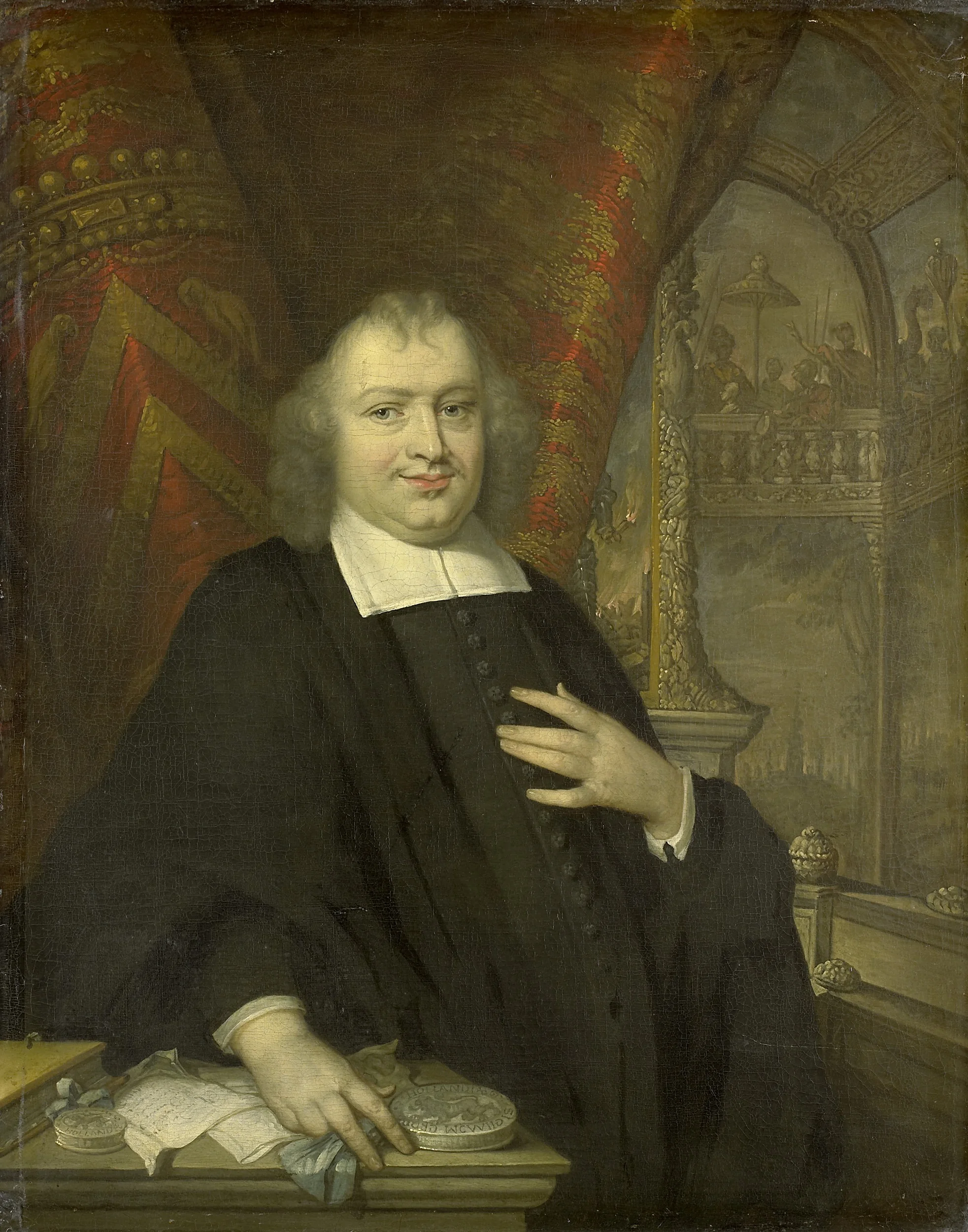 Portrait of Caspar Fagel (1634-88), Grand pensionary of Holland from 1672 on, with the assembly hall of the states of Holland on the Binnenhof, The Hague, in the background, detail