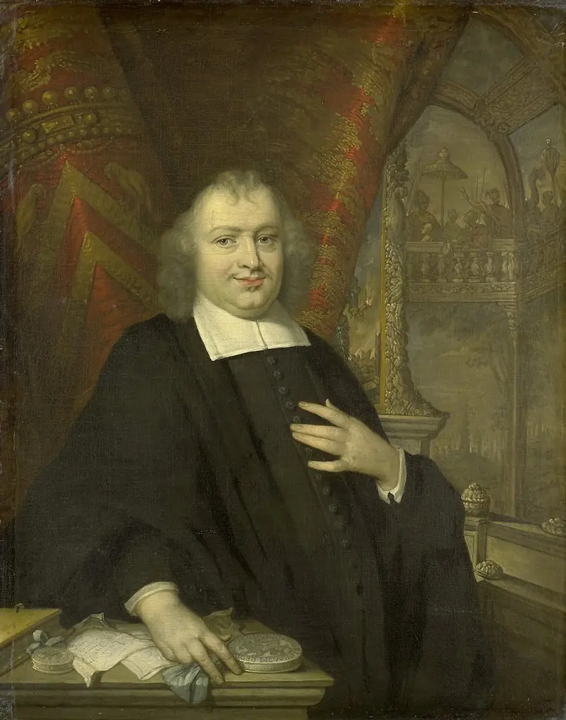 Portrait of Caspar Fagel (1634-88), Grand pensionary of Holland from 1672 on, with the assembly hall of the states of Holland on the Binnenhof, The Hague, in the background, by Johannes Vollevens, oil, 1694
