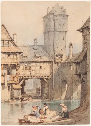 Laundresses before the Wasserturm, Nuremberg, by Samuel Prout, watercolor, 1818