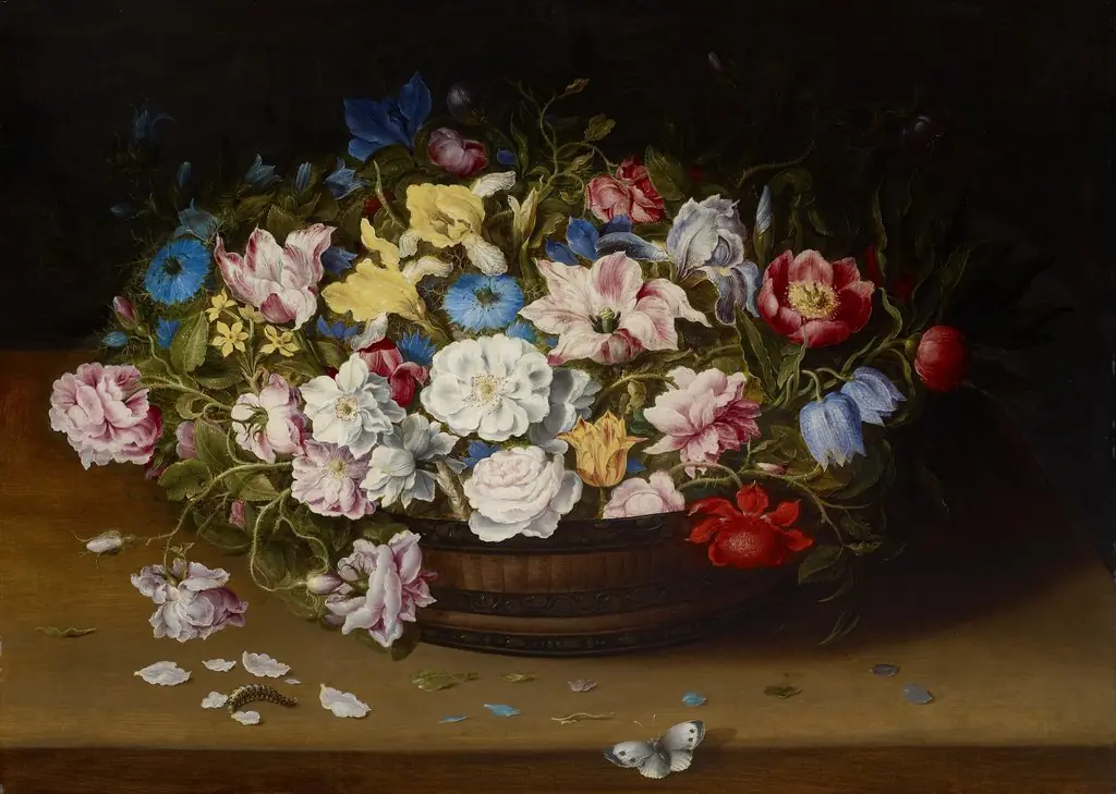 Still Life of Flowers in a Basket, by Osias Beert, oil, 1620