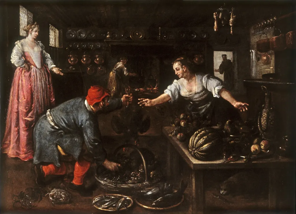 Kitchen Interior, by Dirck de Vries, oil, 1600