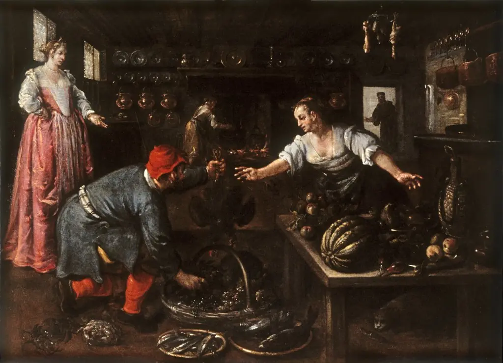 Kitchen Interior, by Dirck de Vries, oil, 1600